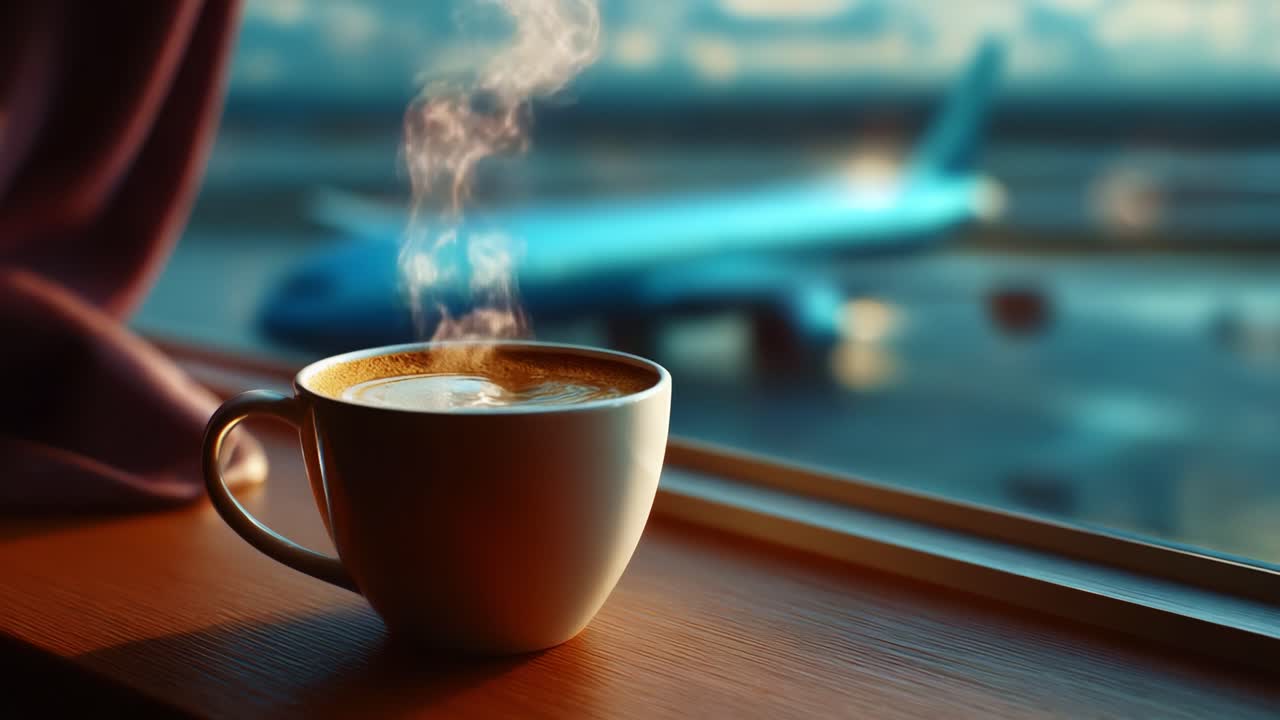 A serene moment captured as a steaming cup of coffee sits on a wooden windowsill, providing a comforting backdrop to the distant silhouette of an airplane against a soft, cloudy sky