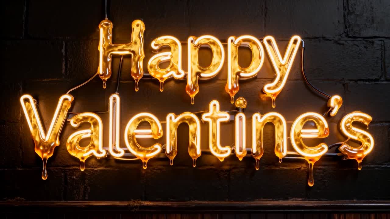 Fading sign reading Happy Valentine's casting amber glow on tile wall from power dip, visible cord