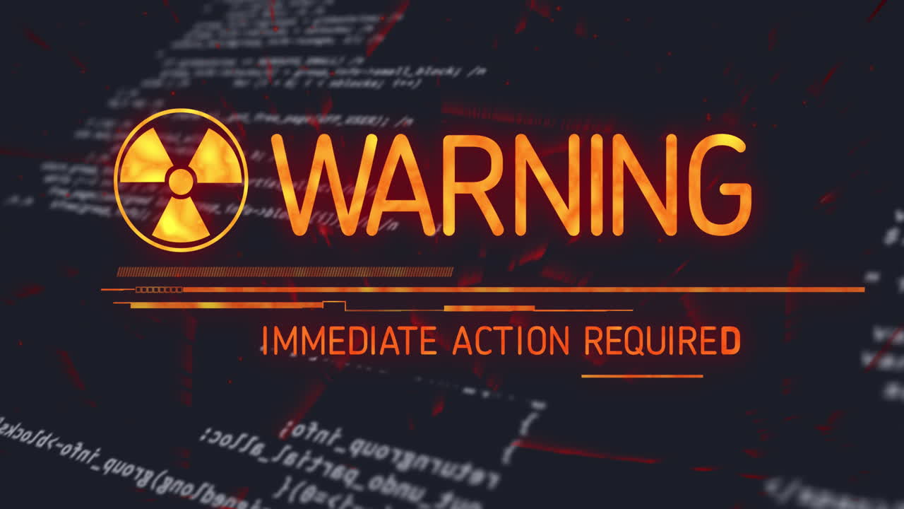 검은색 배경에 데이터 처리를 통해 경고 텍스트와 기호의 애니메이션