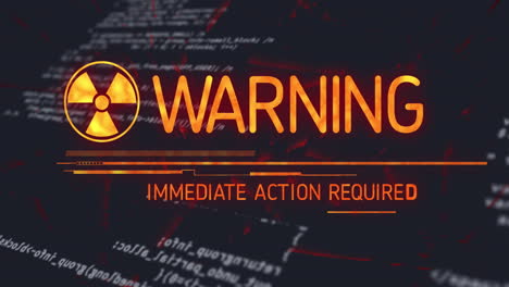 animation of warning text and symbol over data processing on black background