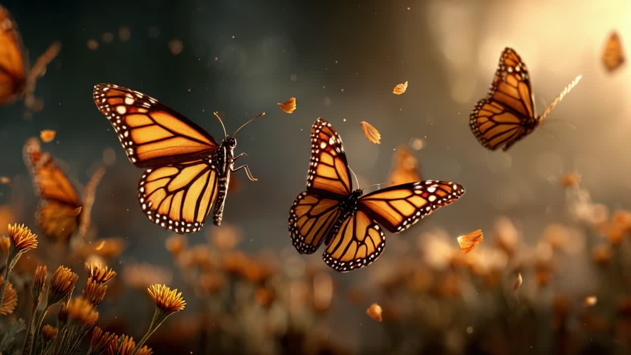 Uno spettacolo affascinante di farfalle monarca che svolazzano con grazia tra fiori vivaci, creando una scena incantevole piena di bellezza naturale ed elegante tranquillità.