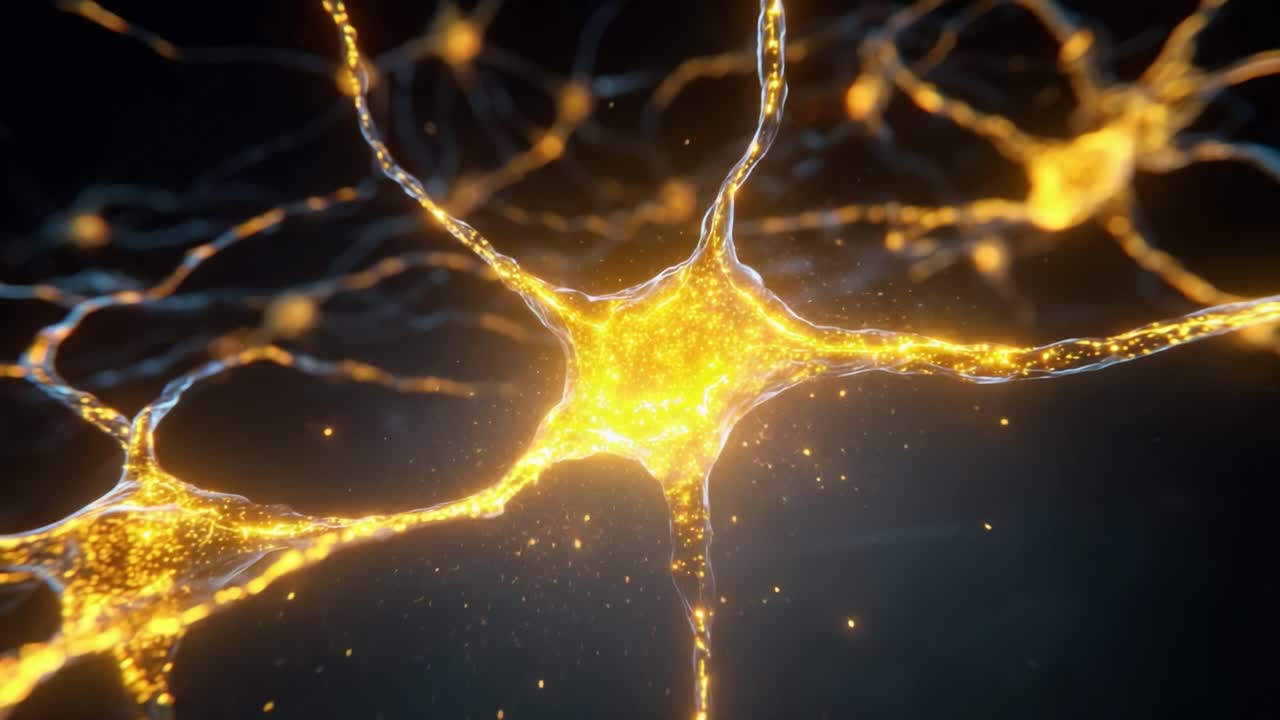 Exploring the Intricate World of Neurons: An Up-Close Visualization of Neural Connections and Synapse Activity, Showcasing the Glimmering Spark of Life in the Human Brain's Communication Network