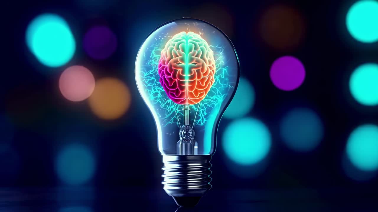 Primo piano di una lampadina con un cervello all'interno, sfondo bokeh vivace, concetto di video
