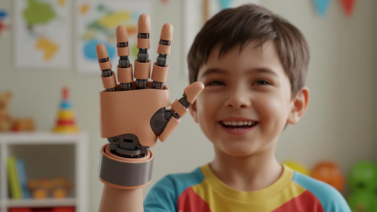 A Young Boy Enthusiastically Showcases His Advanced Robotic Hand, Highlighting the Intersection of Technology and Childhood in a Cheerful Setting