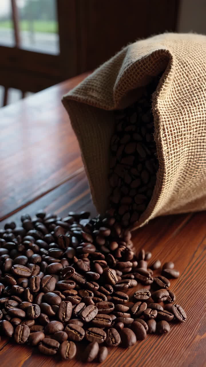 Grãos de Café Caindo de Saco de Juta em Mesa de Madeira