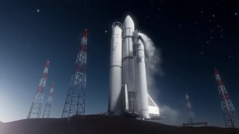 space shuttle on launchpad at night with stars