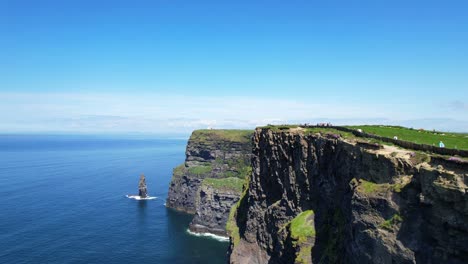 Drone-flyby-of-tourists-by-rocky-edge-of-Cliffs-of-Moher-on-sunny-day