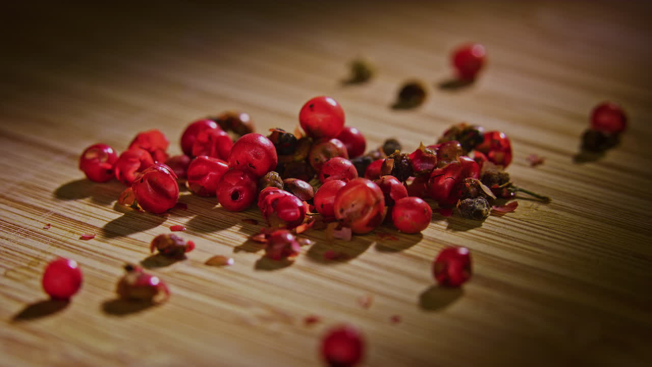 una pila de pimienta rosa en una superficie de madera con iluminación dramática, cámara en órbita