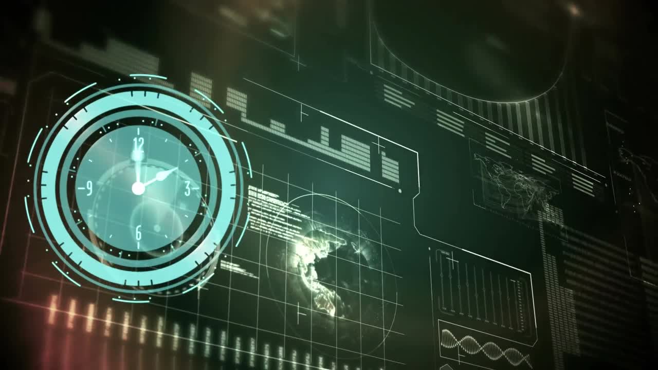 Animazione di orologio ed elaborazione dati su sfondo verde