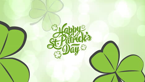 animation of happy st patrick's day text and clover leaves over white spot lights on green