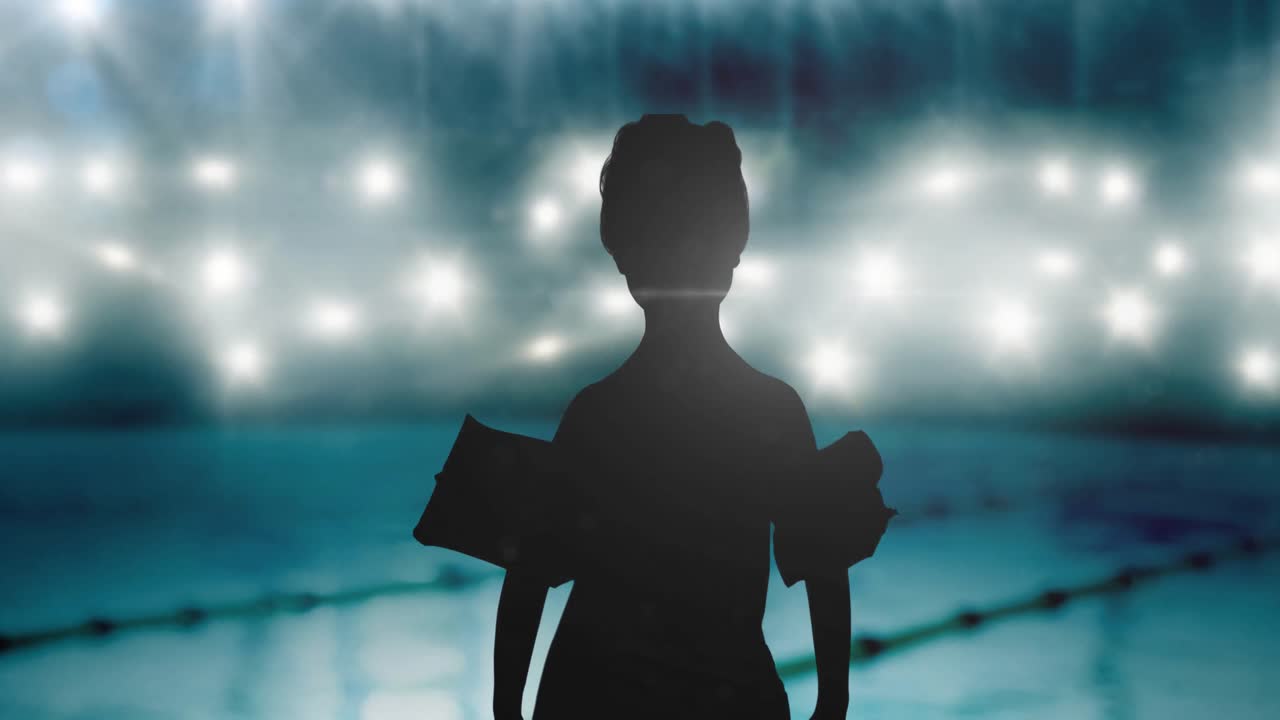 스포트라이트와 수영장 위의 소년의 실루의 애니메이션