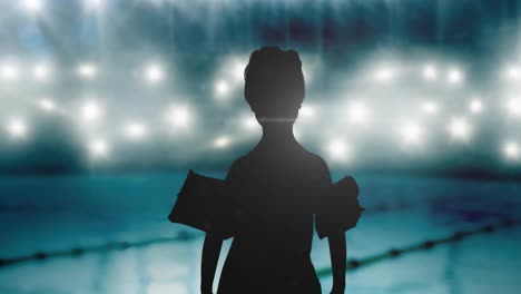 Animation-of-silhouette-of-boy-over-spotlights-and-swimming-pool