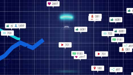 Animation-Von-Benachrichtigungsleisten-Mit-Diagrammen-Und-Batteriesymbolen-Im-Kreis-Auf-Schwarzem-Hintergrund