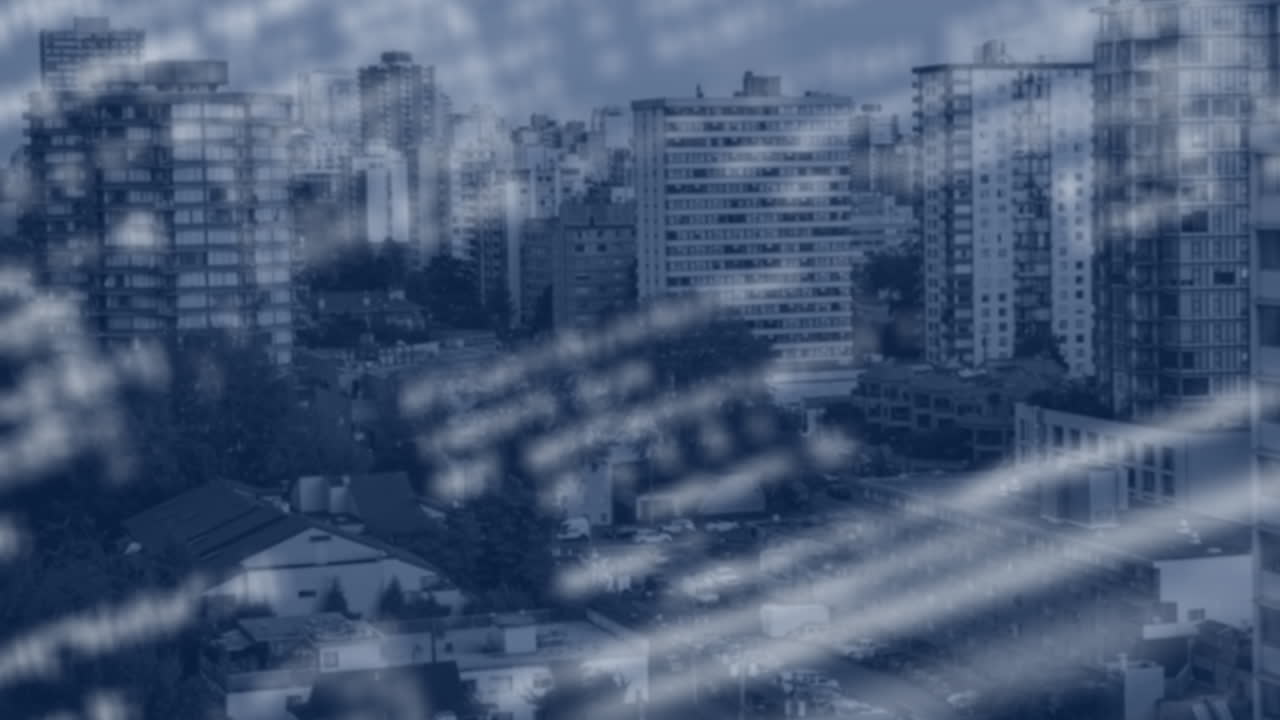 Animación del procesamiento de datos sobre paisaje urbano