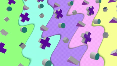 animación de cruces, cubos, cilindros y triángulos en 3d sobre rayas onduladas pastel en movimiento