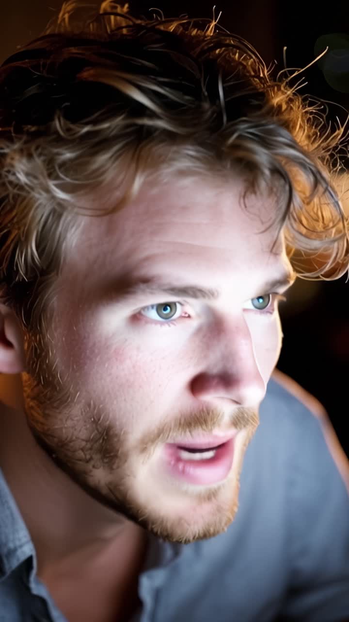 Un Giovane Uomo Immerso nei Pensieri, che Fissa Attentamente lo Schermo con un'Espressione Concentrata, Esibendo un Mix di Curiosità e Contemplazione in Condizioni di Scarsa Illuminazione