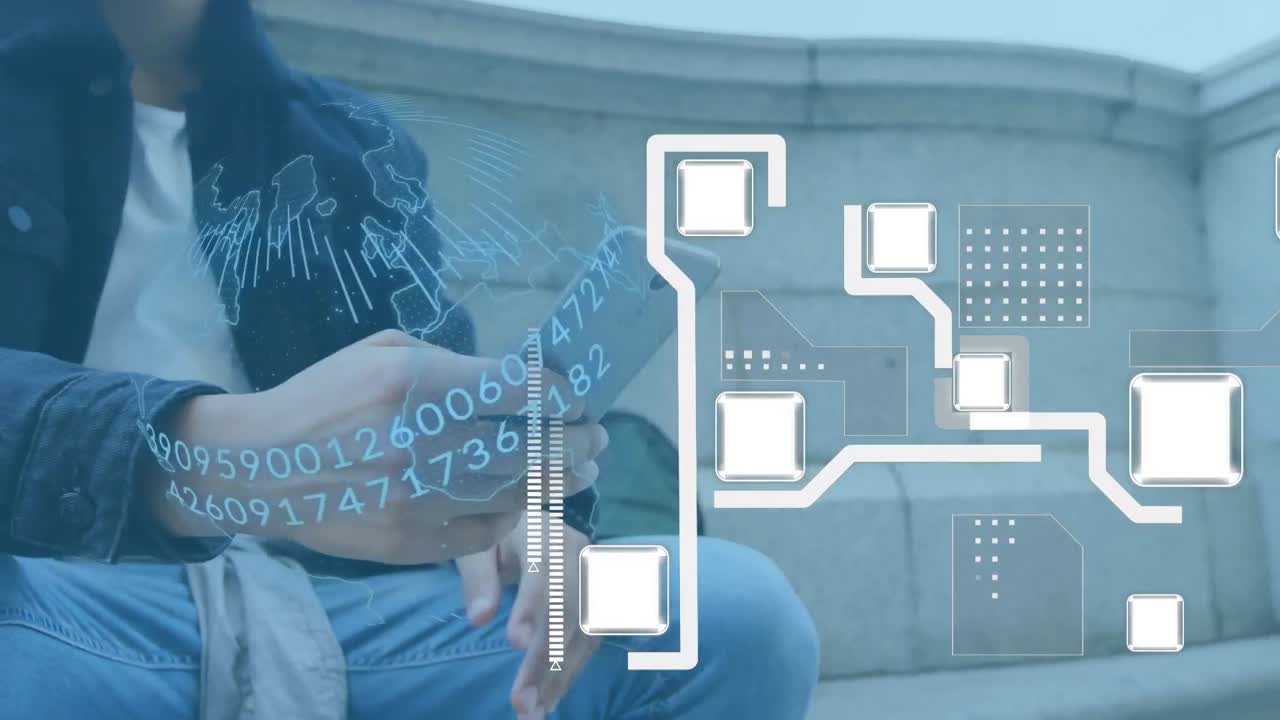 animación del globo y procesamiento de datos sobre el hombre usando teléfono inteligente