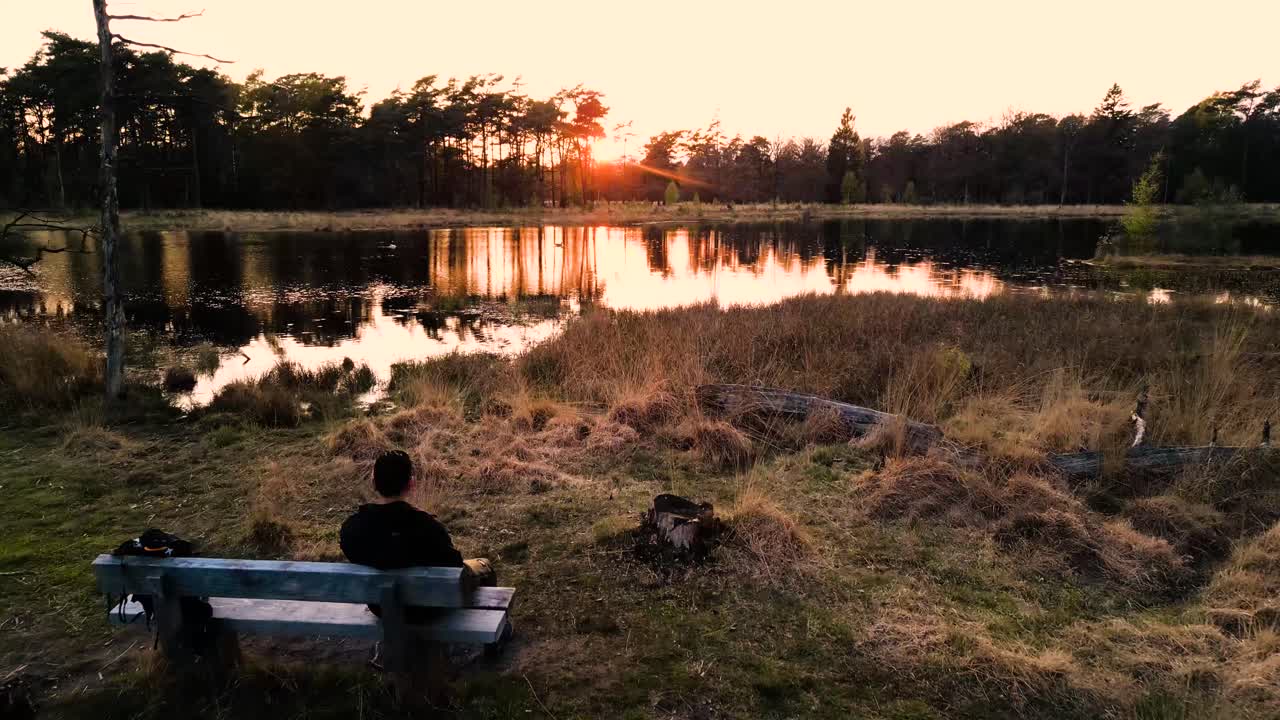 puesta de sol sobre un lago de bosque sereno con una persona en primer plano.