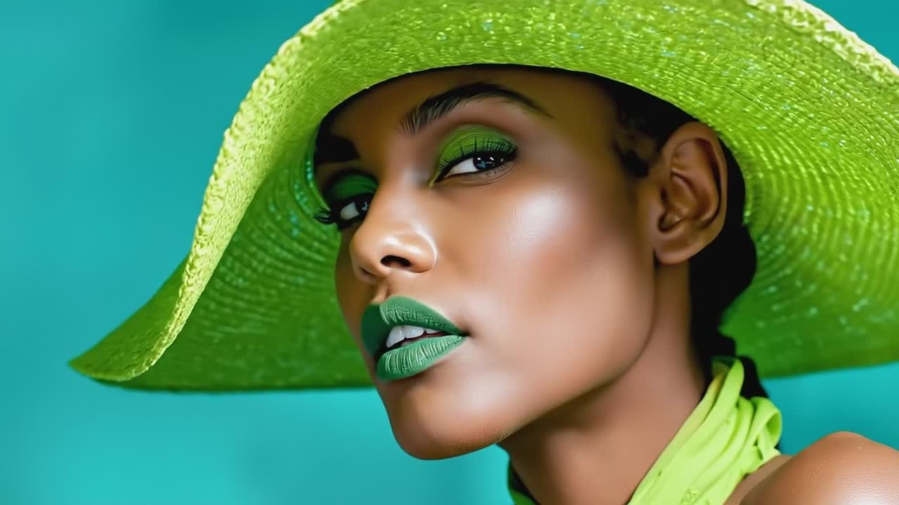 A woman wearing a green hat and green lipstick
