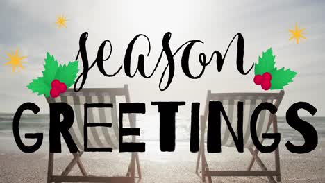 animation of season greetings text over deck chairs at beach