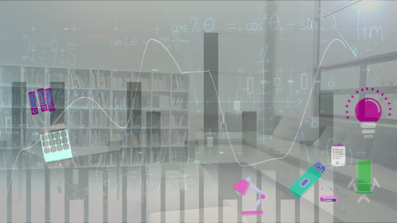 animación de gráficos con iconos coloridos y fórmulas matemáticas en una sala de la biblioteca