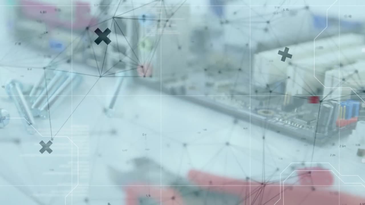 animación de una red de conexiones con formas que parpadean sobre tornillos y microprocesadores