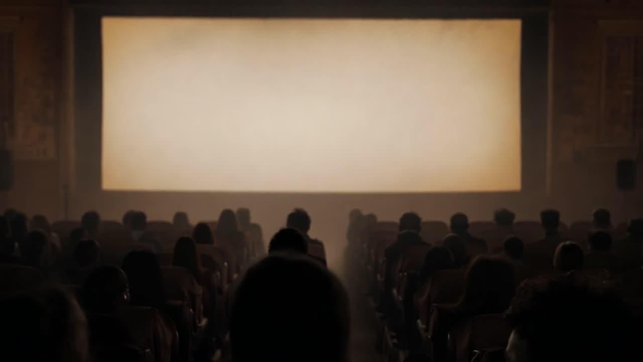 Smoke gradually fills a movie theater while the audience remains captivated by a blank screen, creating a mysterious atmosphere