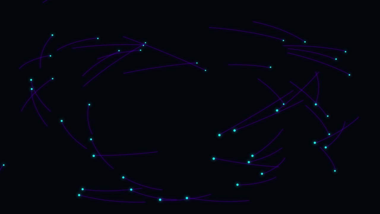 Motion graphics astratte di particelle luminose che si muovono lungo traiettorie curve