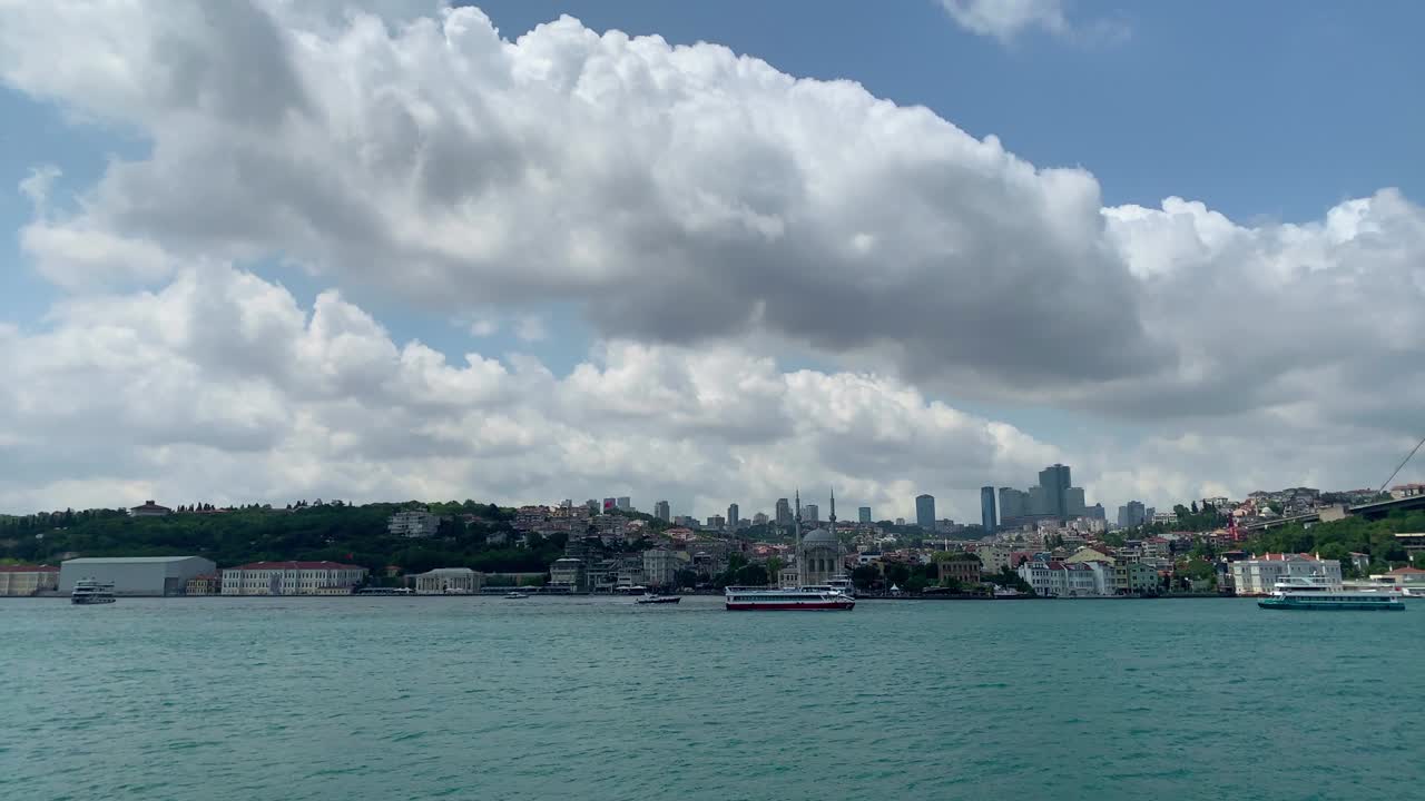 Footage of boats on Bosphorus and cityscape of European side of Istanbul.