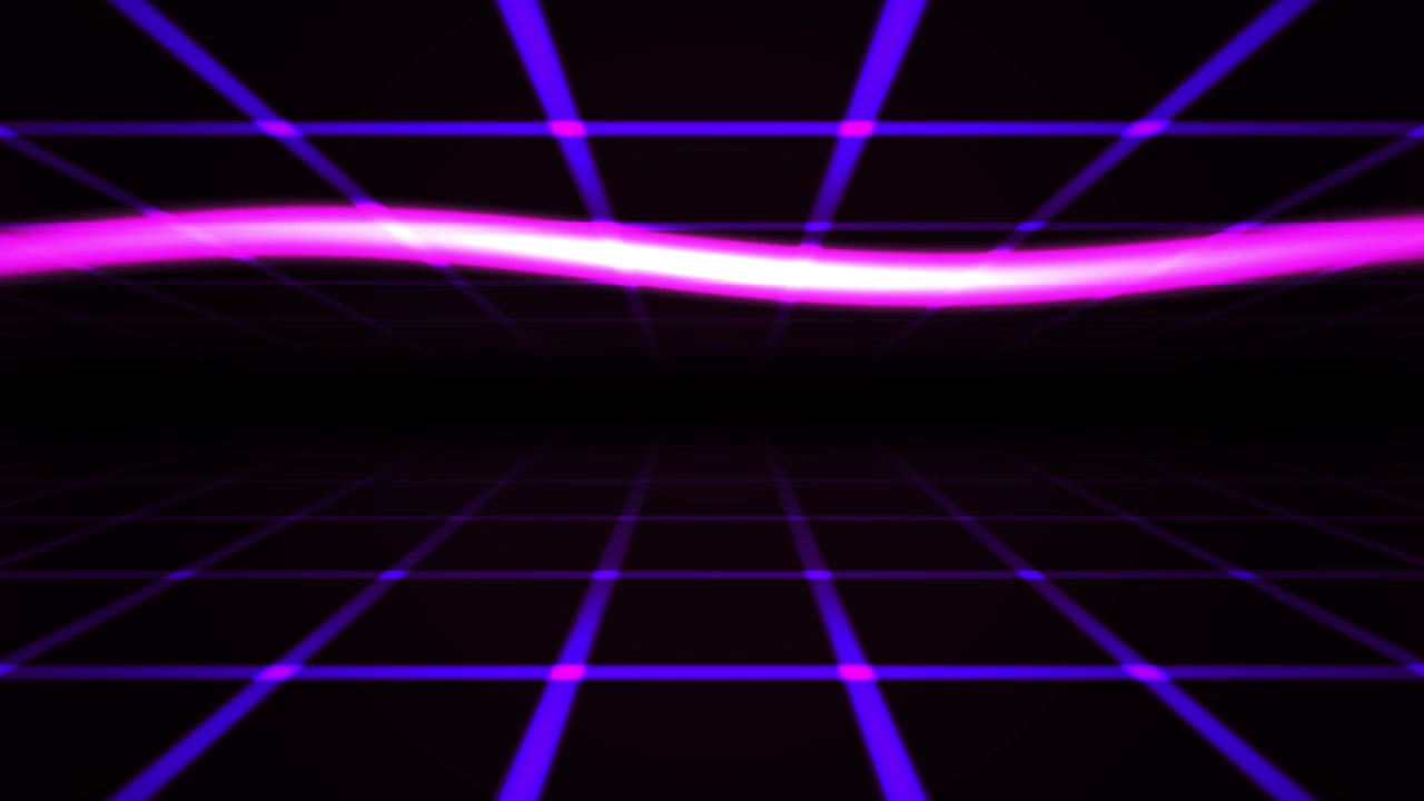 Sfondo a griglia retro synthwave con onda di luce al neon in movimento