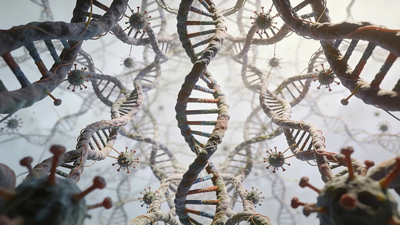 Centreret DNA-helix, der får tekstur og fokus til undersøgelse på nanoskala, med vira.