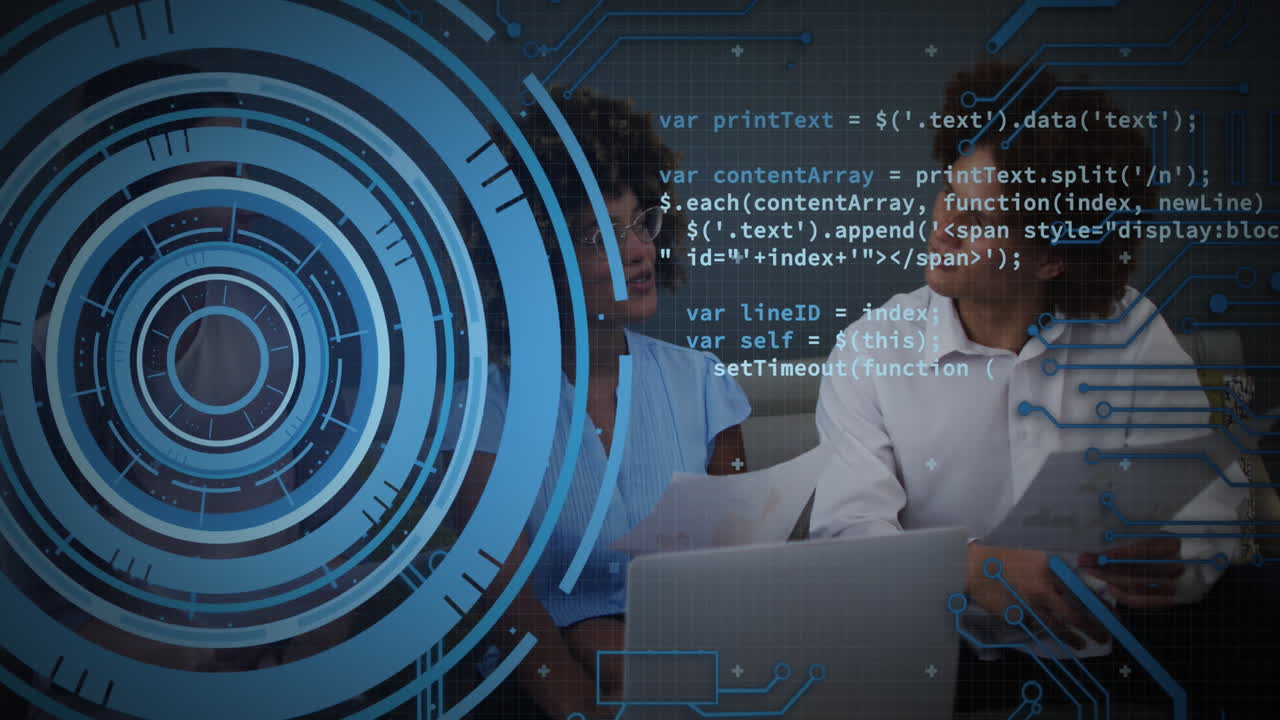Animation of loading circles and computer language, diverse coworkers discussing reports