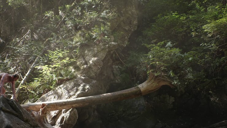 Man attempts to climb onto log fallen across river, fear of heights