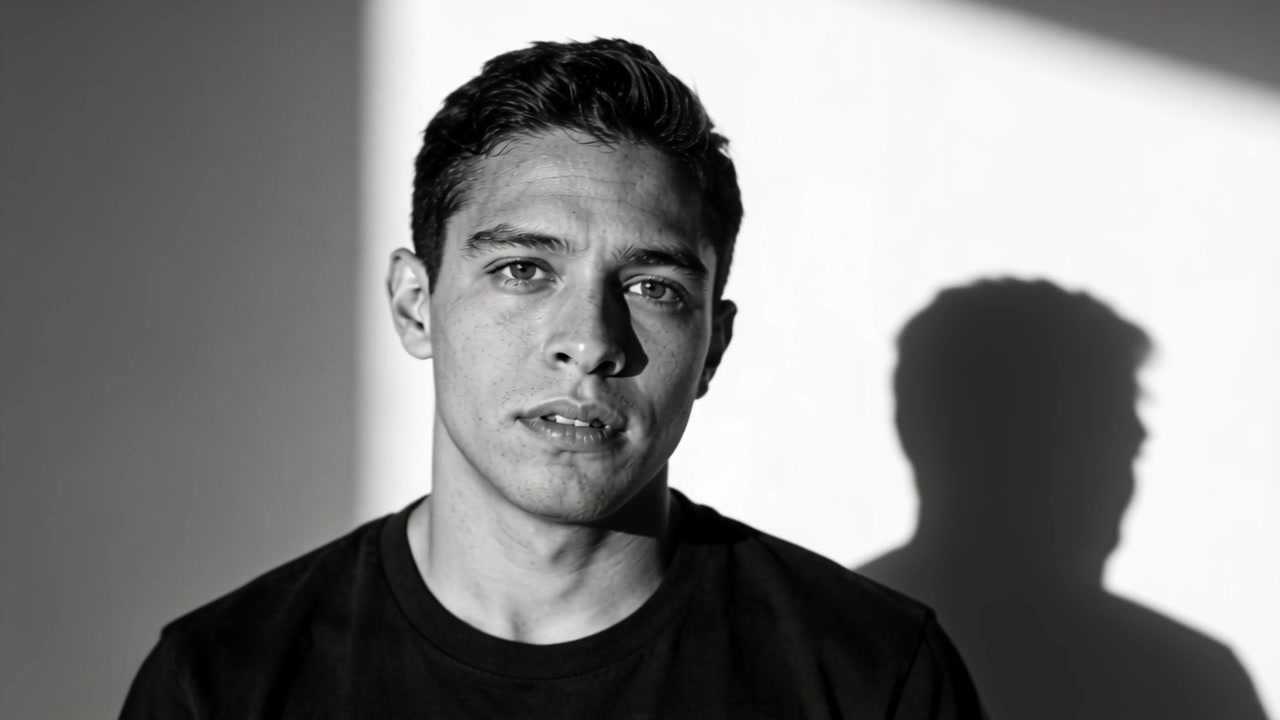 Holding close studio shot, man in dark T-shirt fixing gaze, tilting head, casting shadow, posing