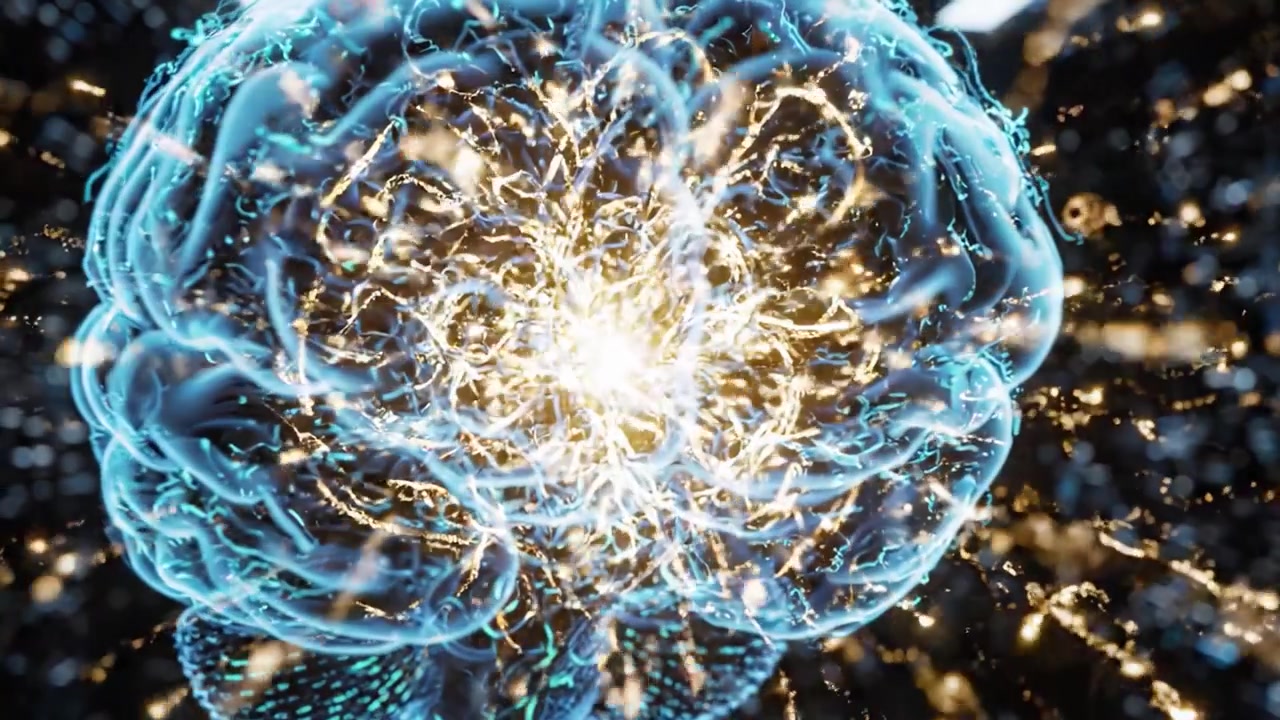Un'esplorazione affascinante di un cervello umano reso digitalmente con connessioni neurali luminose, che mostra la fusione di tecnologia e neuroscienze in un ambiente futuristico.