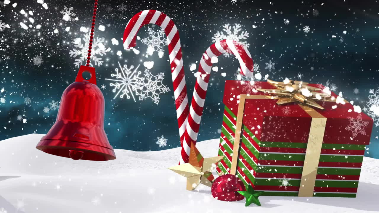 Animation of christmas bauble bell decoration over christmas candy cane and gift in winter scenery