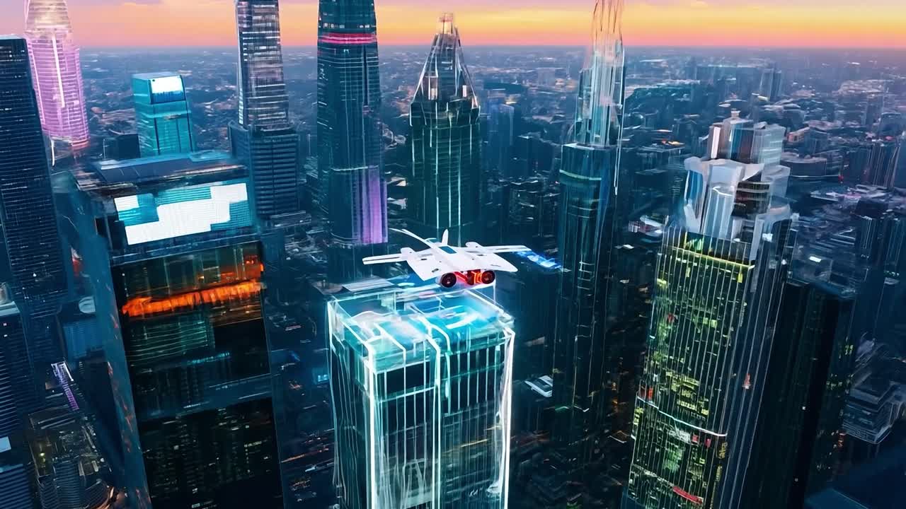 paisaje urbano futurista con coche volador al atardecer