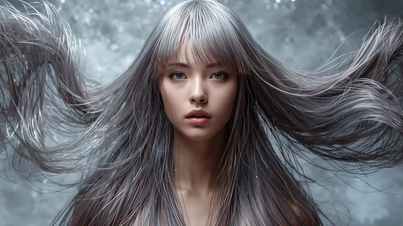 Mengambil subjek wanita dengan tatapan tenang di studio, kipas mengangkat rambut keperakan, partikel melayang