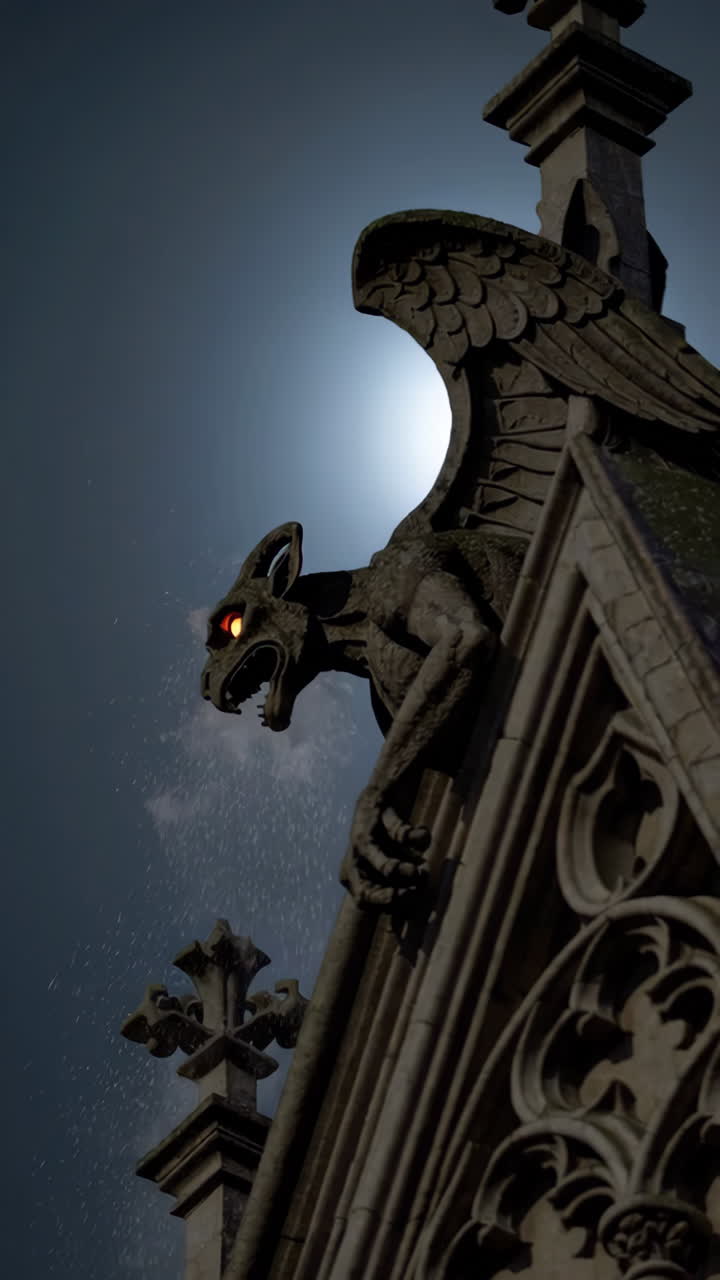 Spooky Gargoyle on a Gothic Building at Night