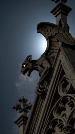 spooky gargoyle on a gothic building at night
