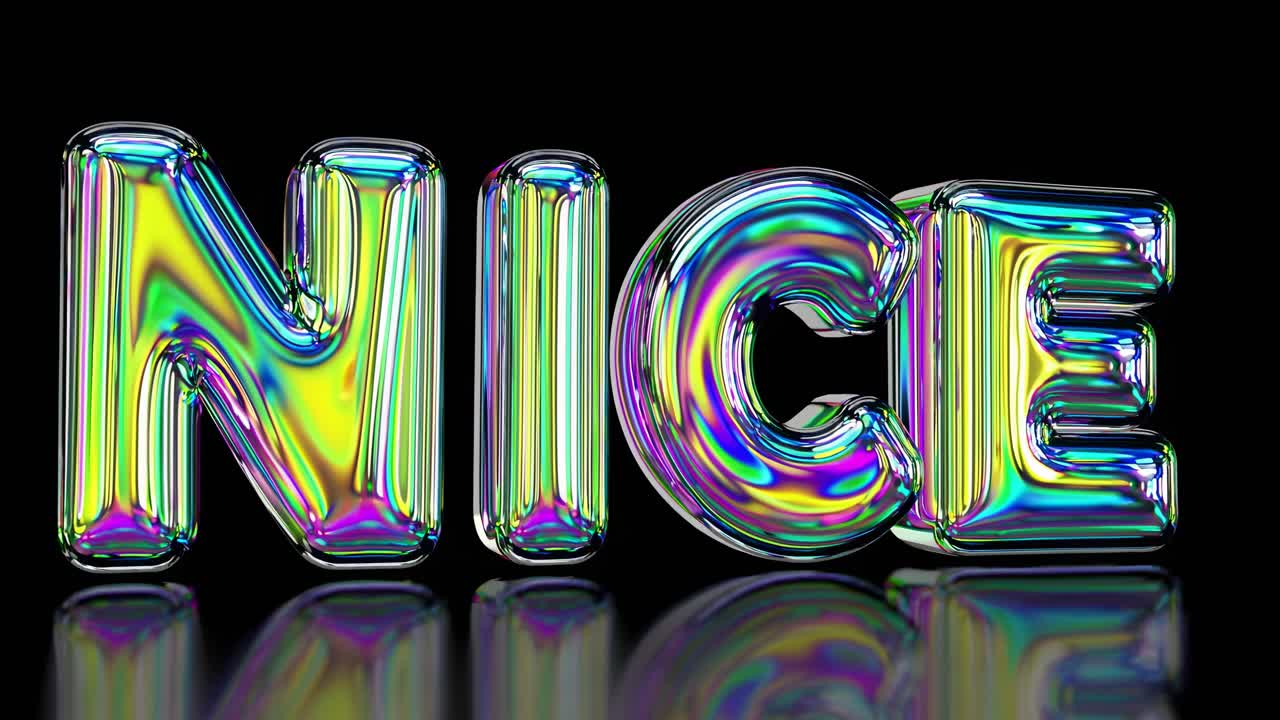 Colorful 3D text 'NICE' with iridescent texture on a reflective surface