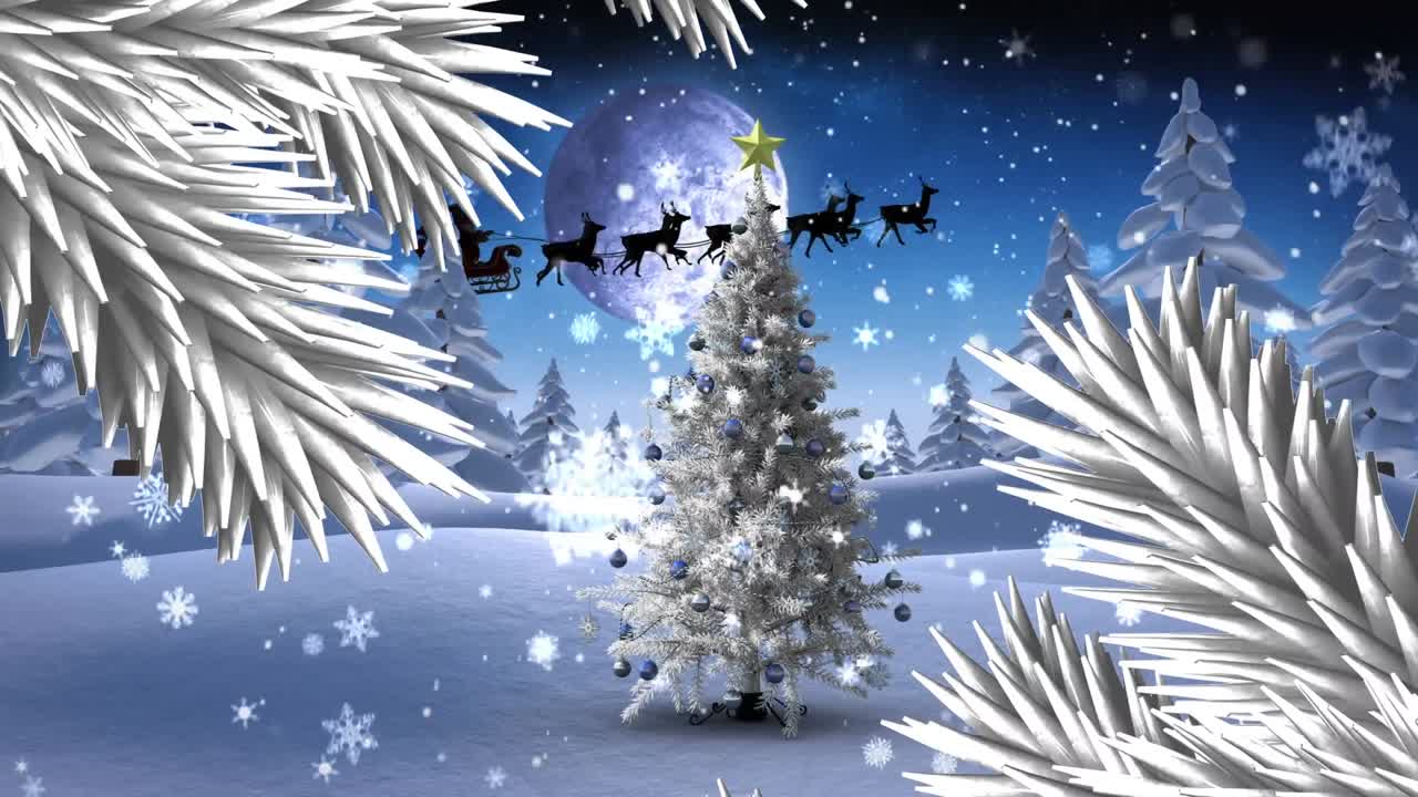 animación digital de la nieve cayendo sobre el árbol de navidad en un paisaje de invierno
