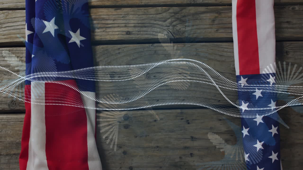 American flags with flowing wave animation over rustic wooden background