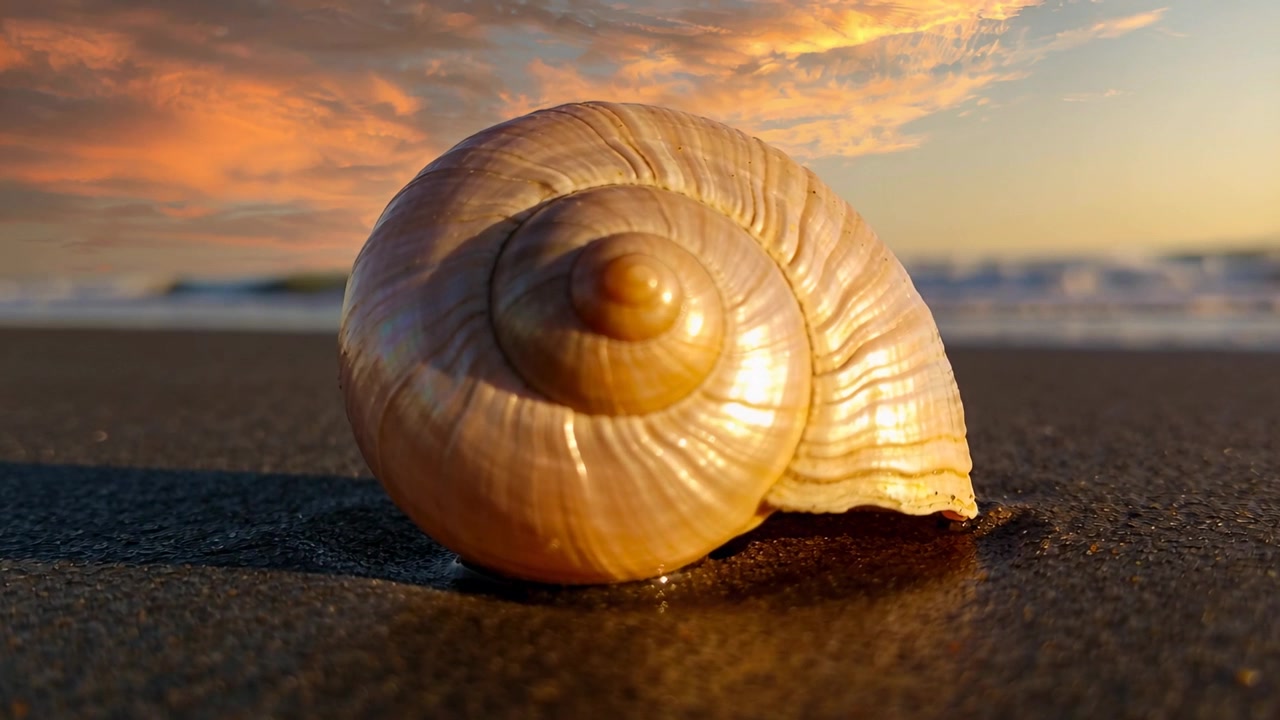Aproximando a câmera, uma concha espiral permanece centralizada na areia molhada ao pôr do sol, exibindo um brilho dourado.