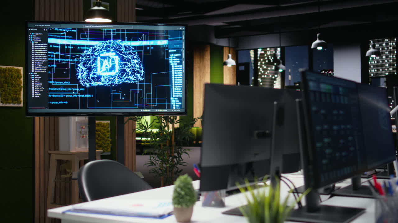 Artificial Intelligence Brain Visualization on Screen in Empty Office