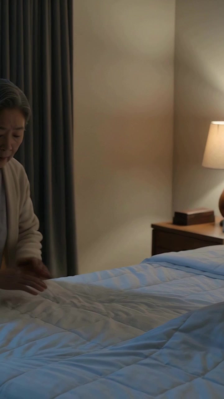 Vertical video: Sitting by bed, senior in cardigan smoothing bed for night with lamp, copy space