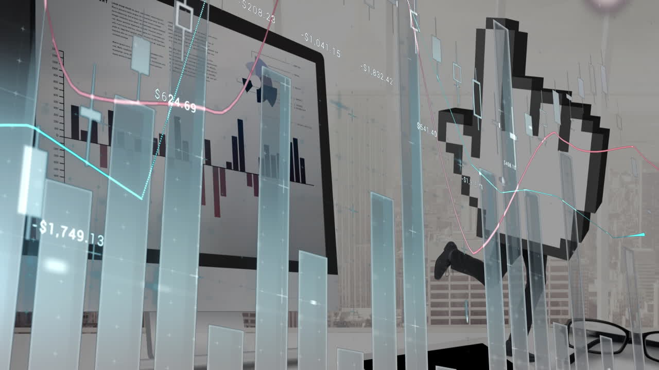 Animasjon av finansdata og digital hånd over dataskjerm med grafer på kontor