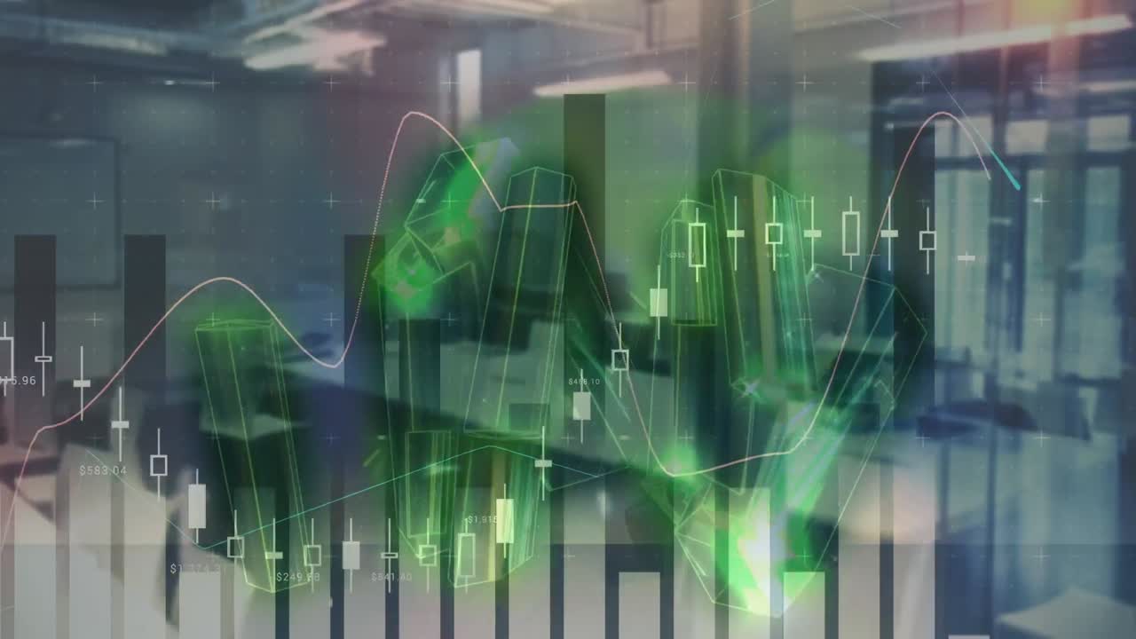 animación de gráficos que se mueven en la interfaz digital con barras de oro contra el interior de la oficina