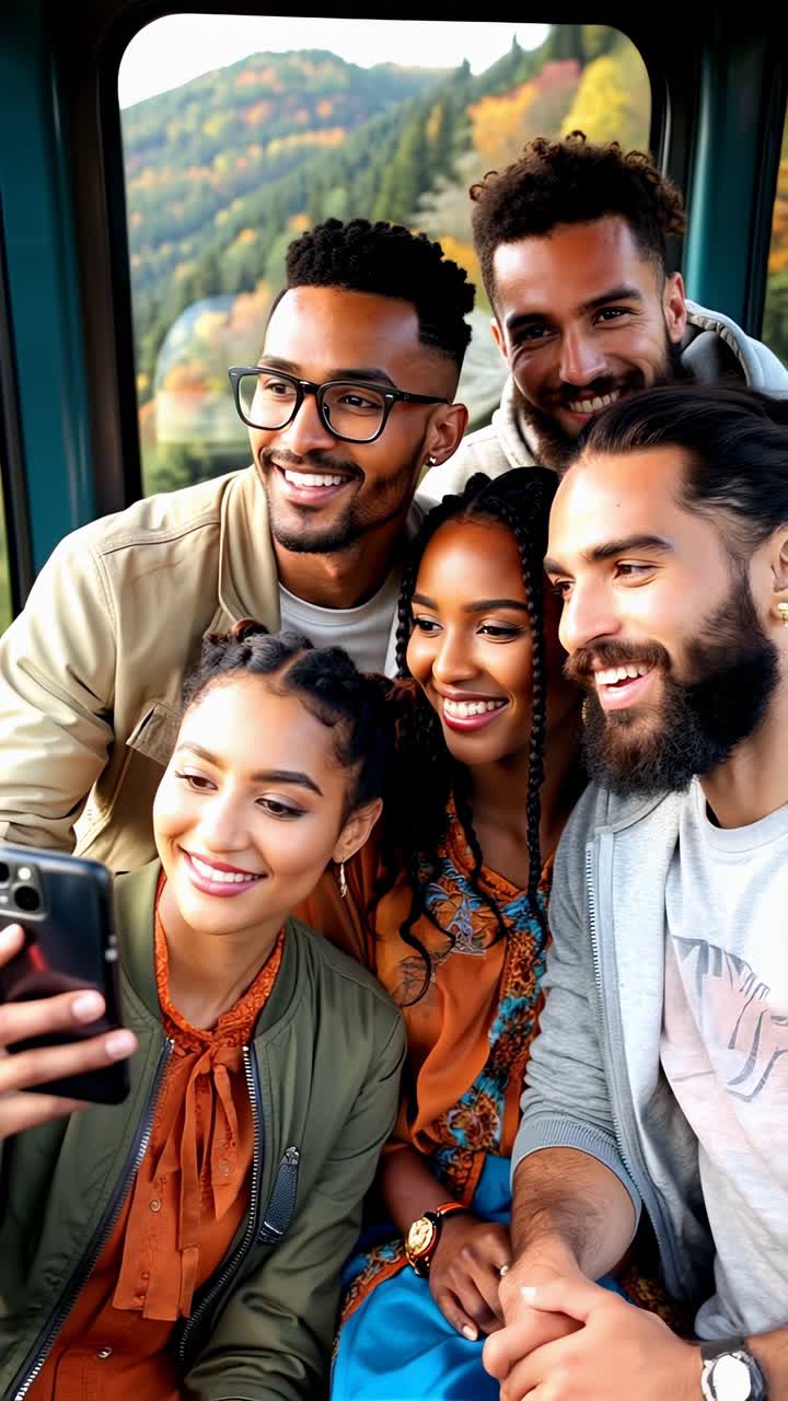 Diverse group of young people traveling by tram during summer.
