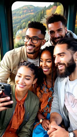 diverse group of young people traveling by tram during summer.
